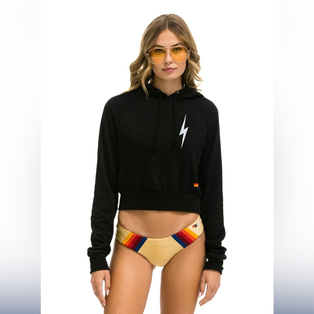 Aviator Nation Bolt 2 Cropped Pullover Hoodie Black Size XS
